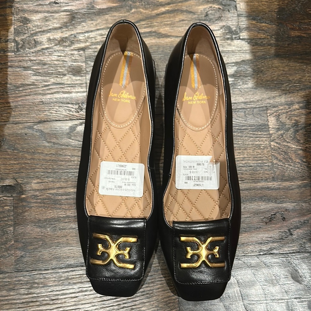Sam Edelman Black and Gold Loafers with Gold Ornament